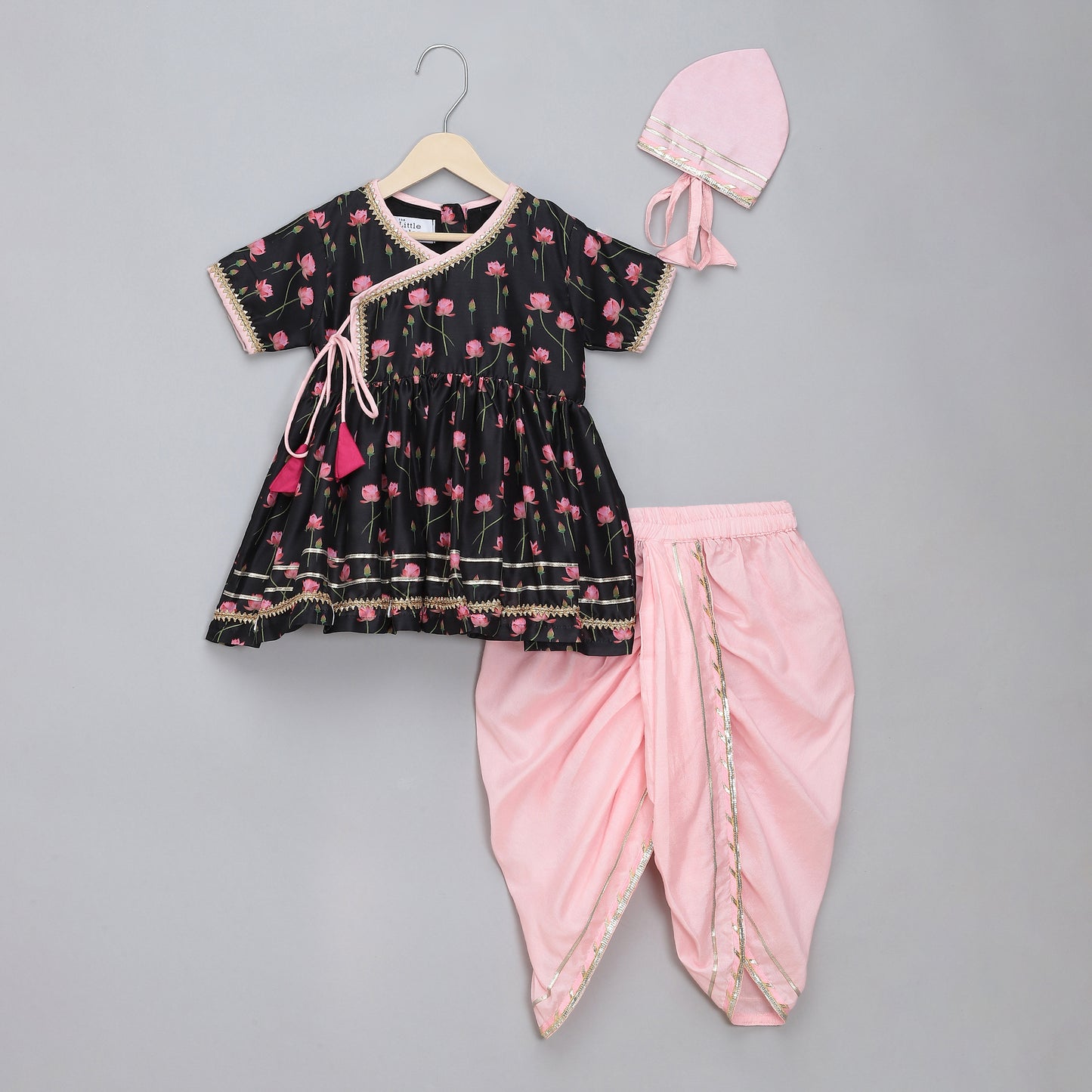 Black Pink Lotus print Angrakha dhoti set