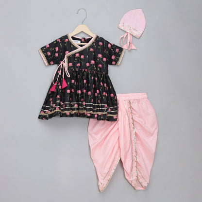 Black Pink Lotus print Angrakha dhoti set