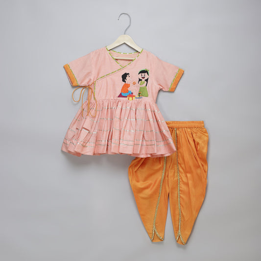 Brother sister peach Embroidered dhoti set