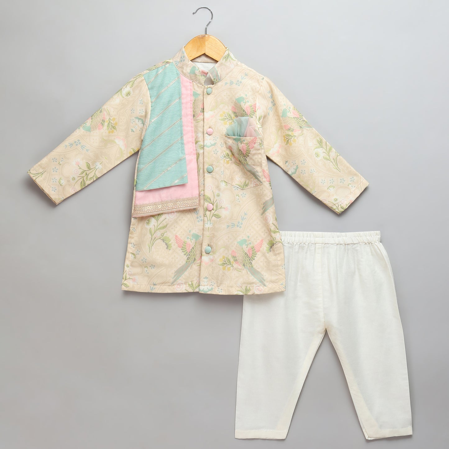 Parrot Printed Kurta Pyjama with Attached pastel jacket (Sale)