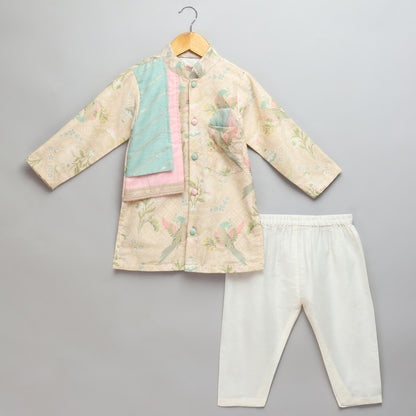 Parrot Printed Kurta Pyjama with Attached pastel jacket (Sale)