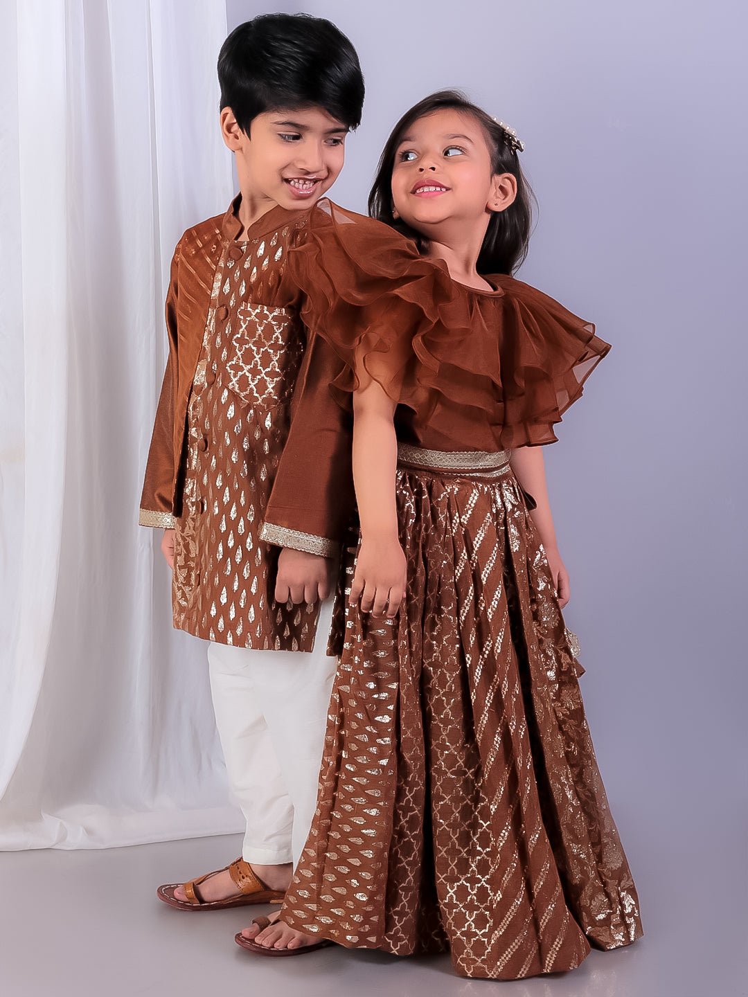 Brown  organza frill chanderi lehnga set (Sale)