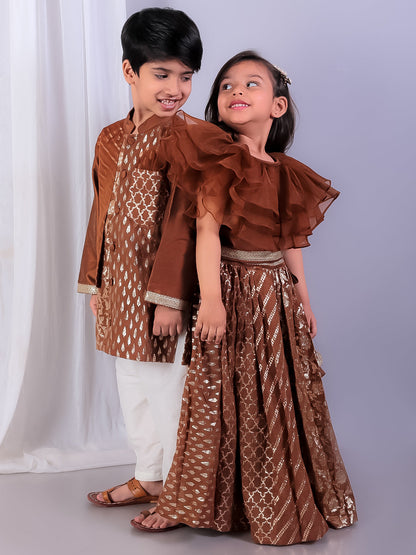 Brown  organza frill chanderi lehnga set (Sale)