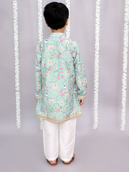 Green bird print kurta set