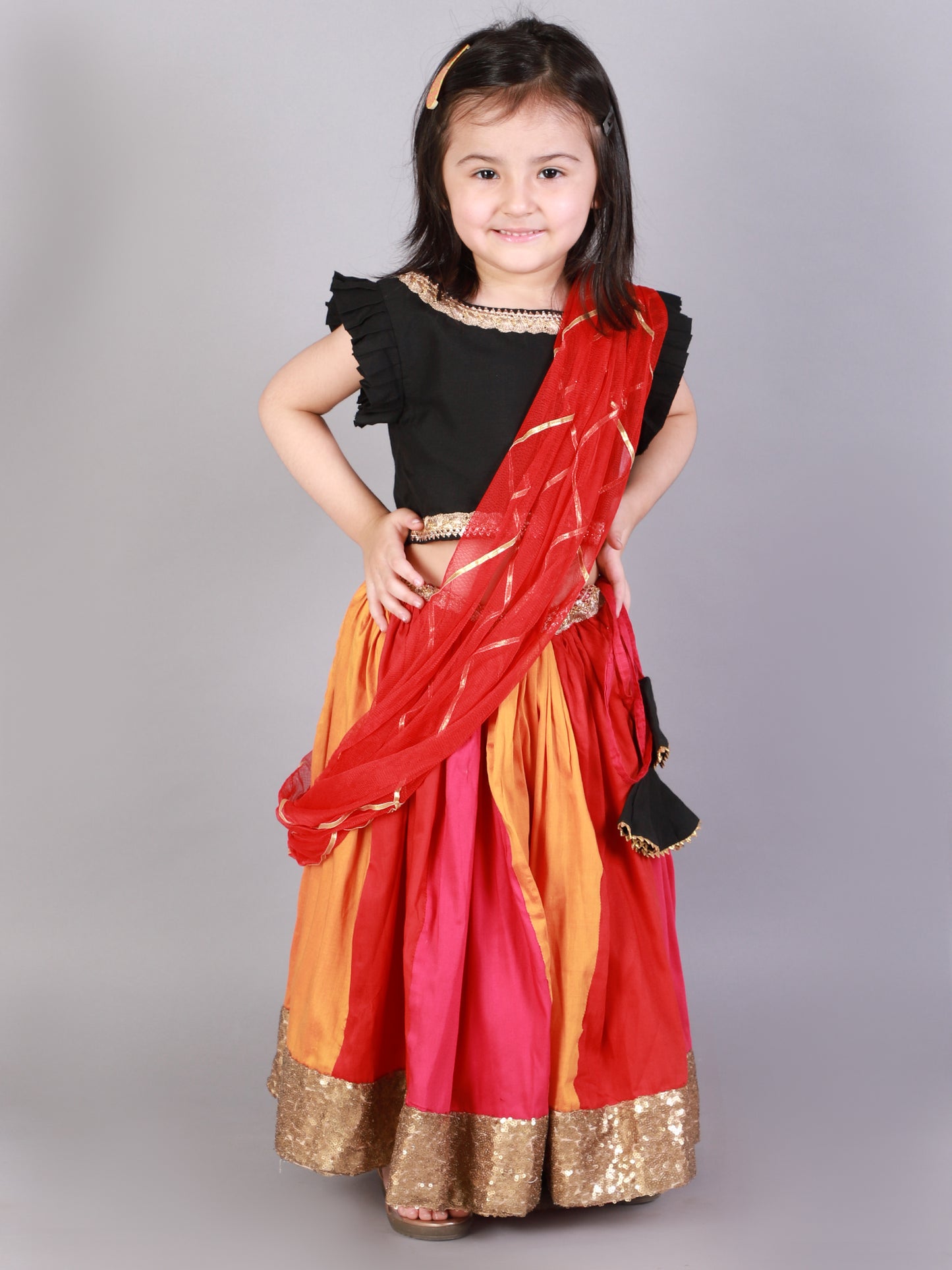 Black Ruffled blouse with multi color lehnga (Sale)