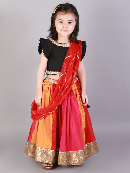 Black Ruffled blouse with multi color lehnga (Sale)
