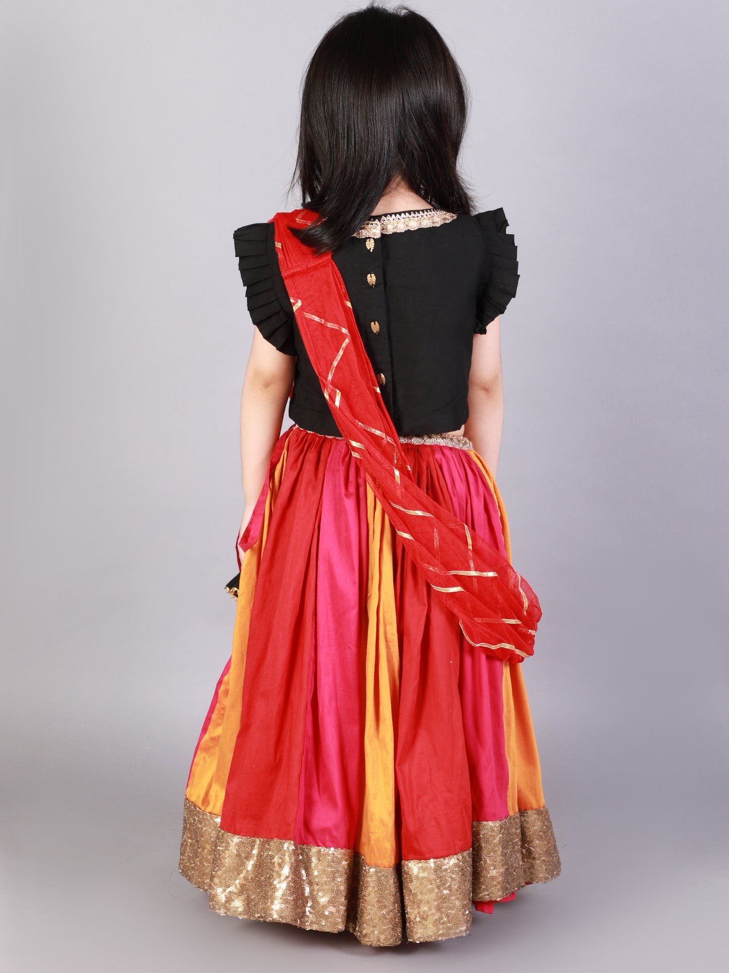 Black Ruffled blouse with multi color lehnga (Sale)
