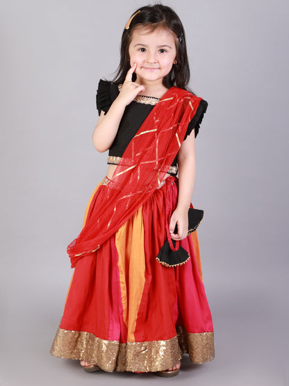 Black Ruffled blouse with multi color lehnga (Sale)
