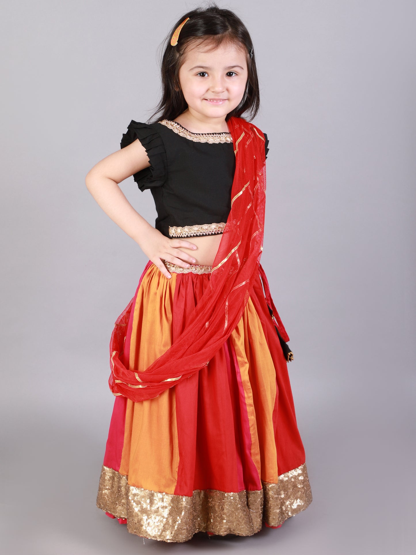 Black Ruffled blouse with multi color lehnga (Sale)
