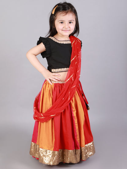 Black Ruffled blouse with multi color lehnga (Sale)