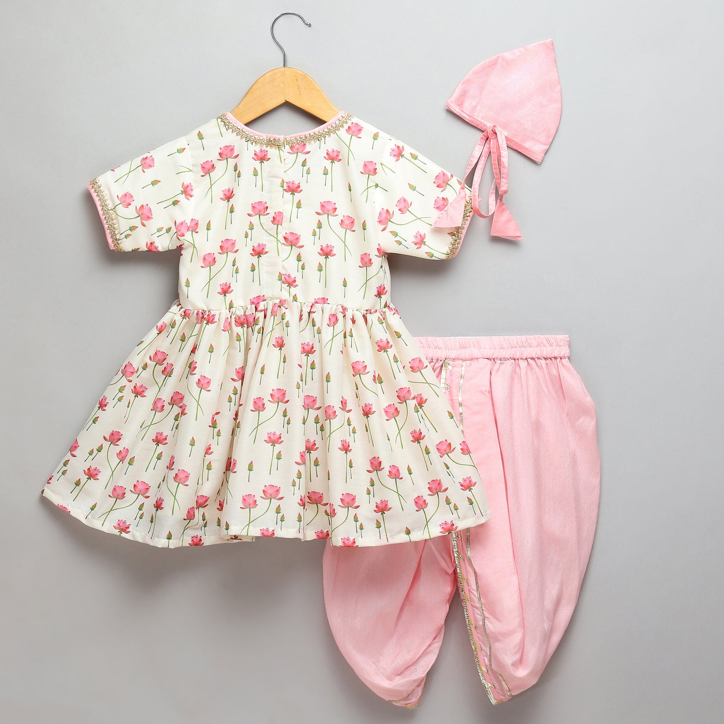 Offwhite Pink Lotus print Angrakha dhoti set