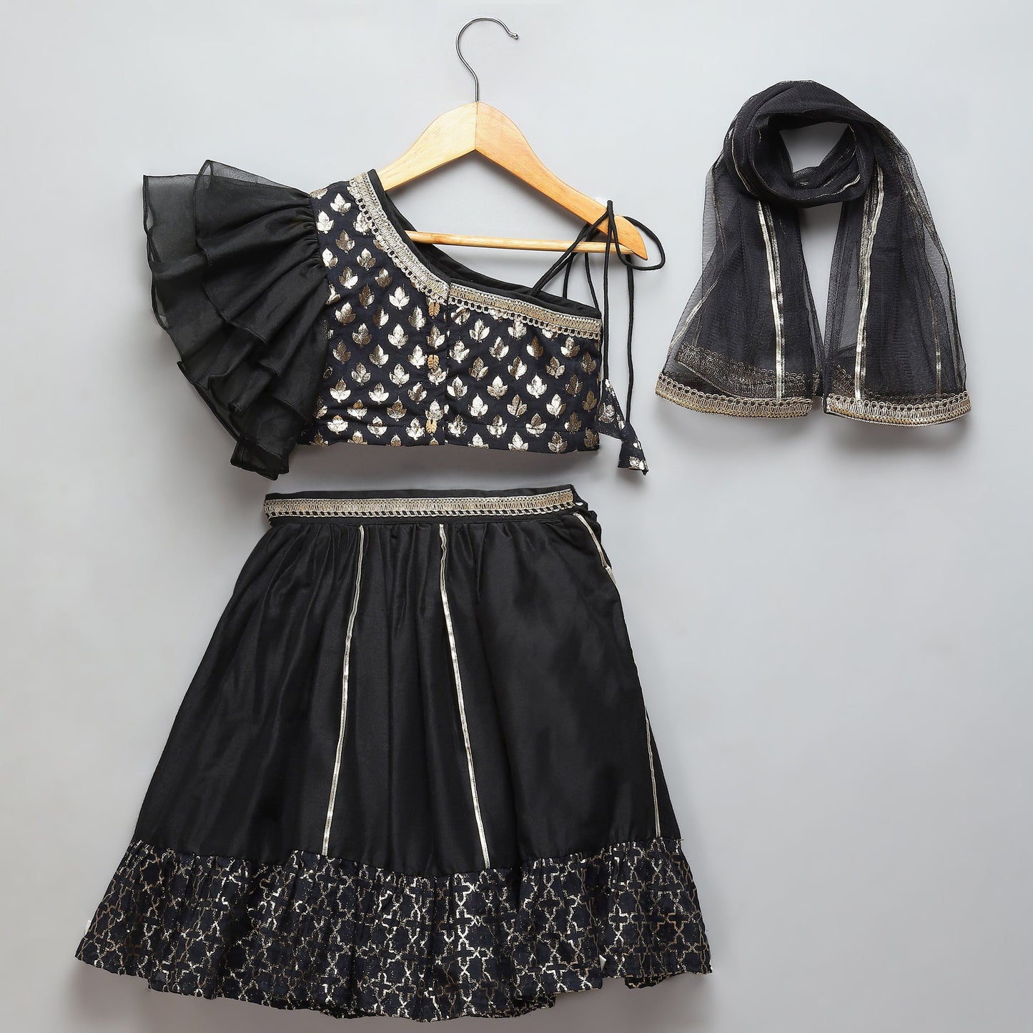 Black chanderi off shoulder lehnga set (Sale)