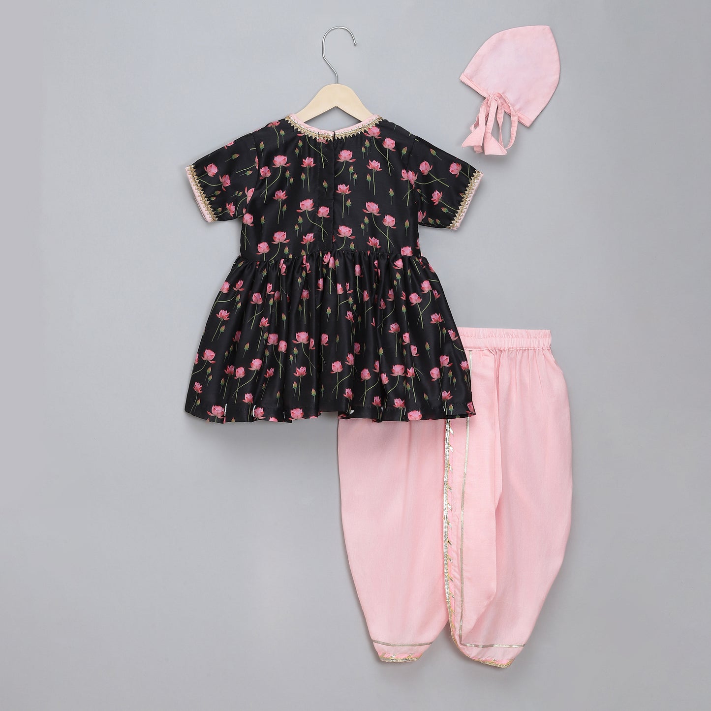 Black Pink Lotus print Angrakha dhoti set