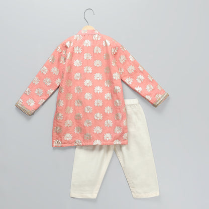 peach lotus print with yoke embroidery kurta payjama set