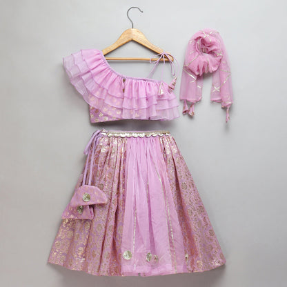 Lavendar Off shoulder organza frill chanderi lehnga set (Sale)