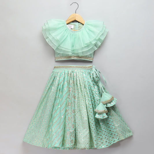 Pastel Green organza frill chanderi lehnga set (Sale)