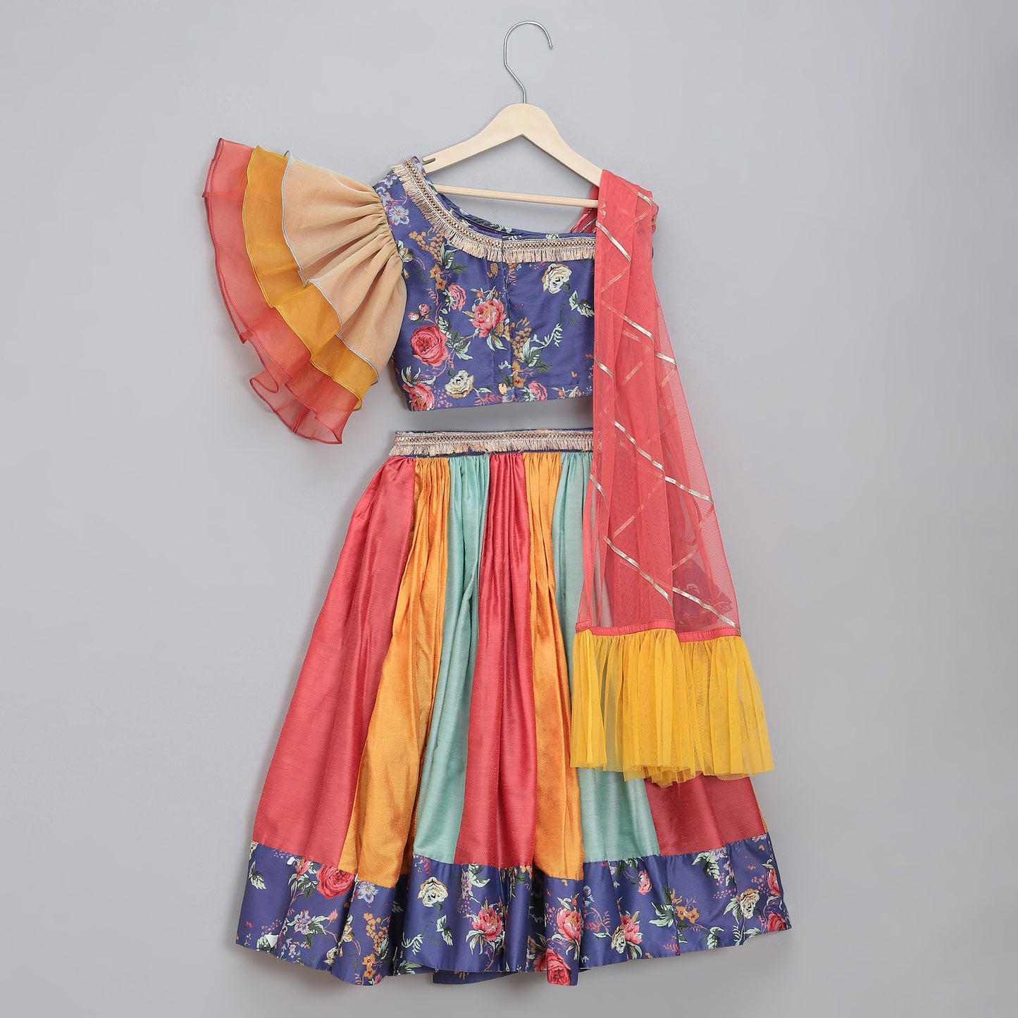 Purple Floral printed off shoulder lehnga set with attached dupatta (Sale)
