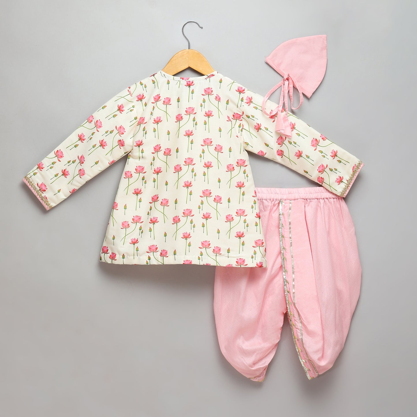 Off white / baby pink lotus Print Kurta Dhoti set