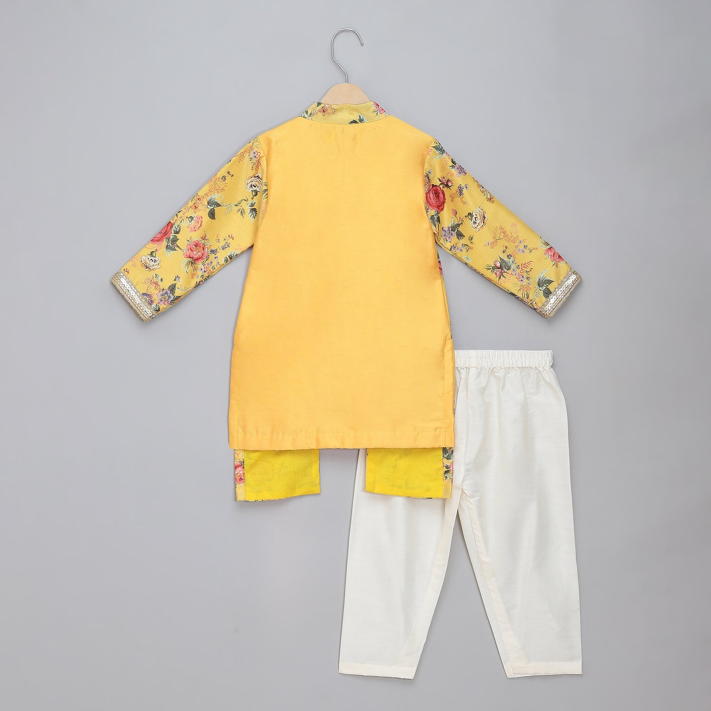 Yellow Kurta Pyjama with Attached printed jacket