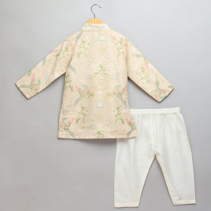 Parrot Printed Kurta Pyjama with Attached pastel jacket (Sale)