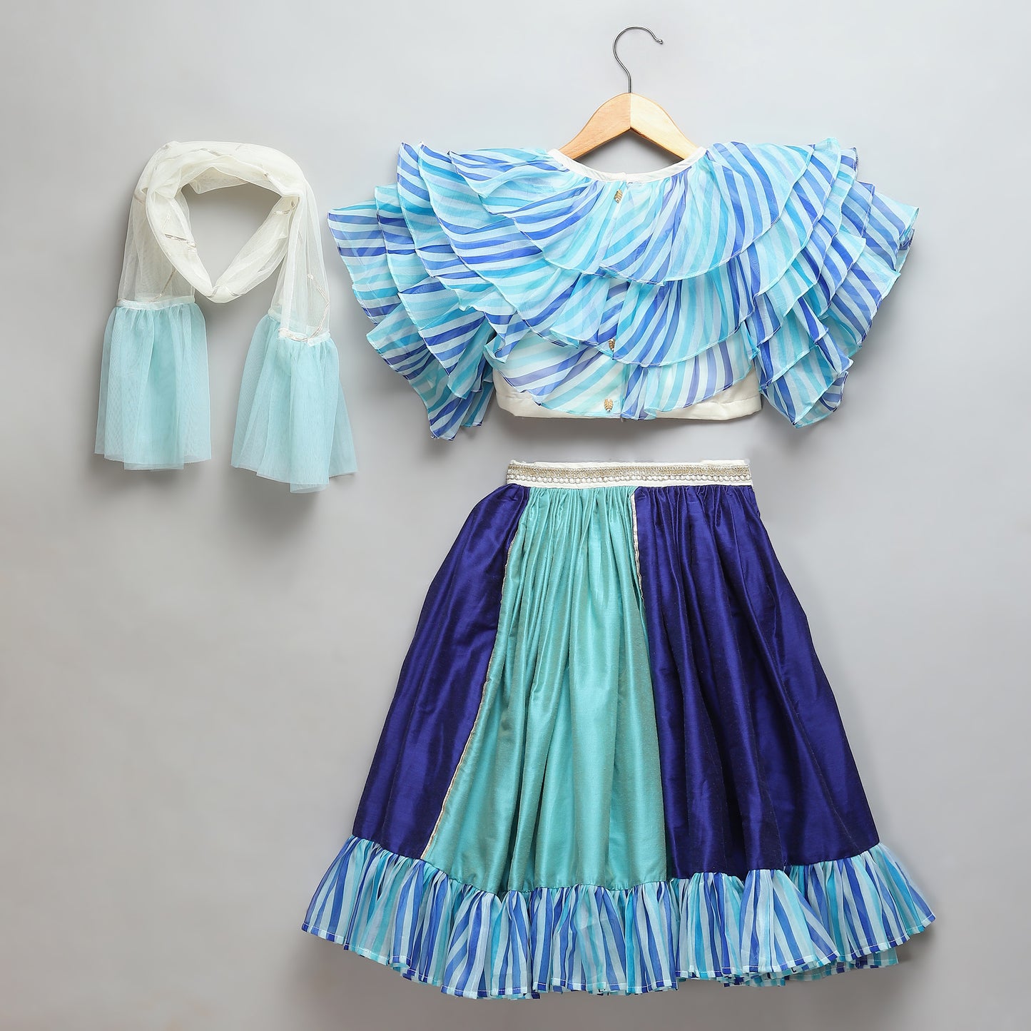 Blue Lehriya frill blouse and Lehnga set