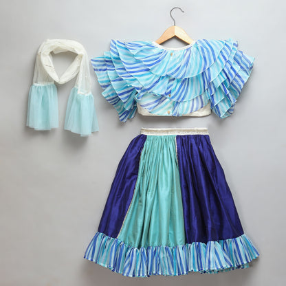 Blue Lehriya frill blouse and Lehnga set