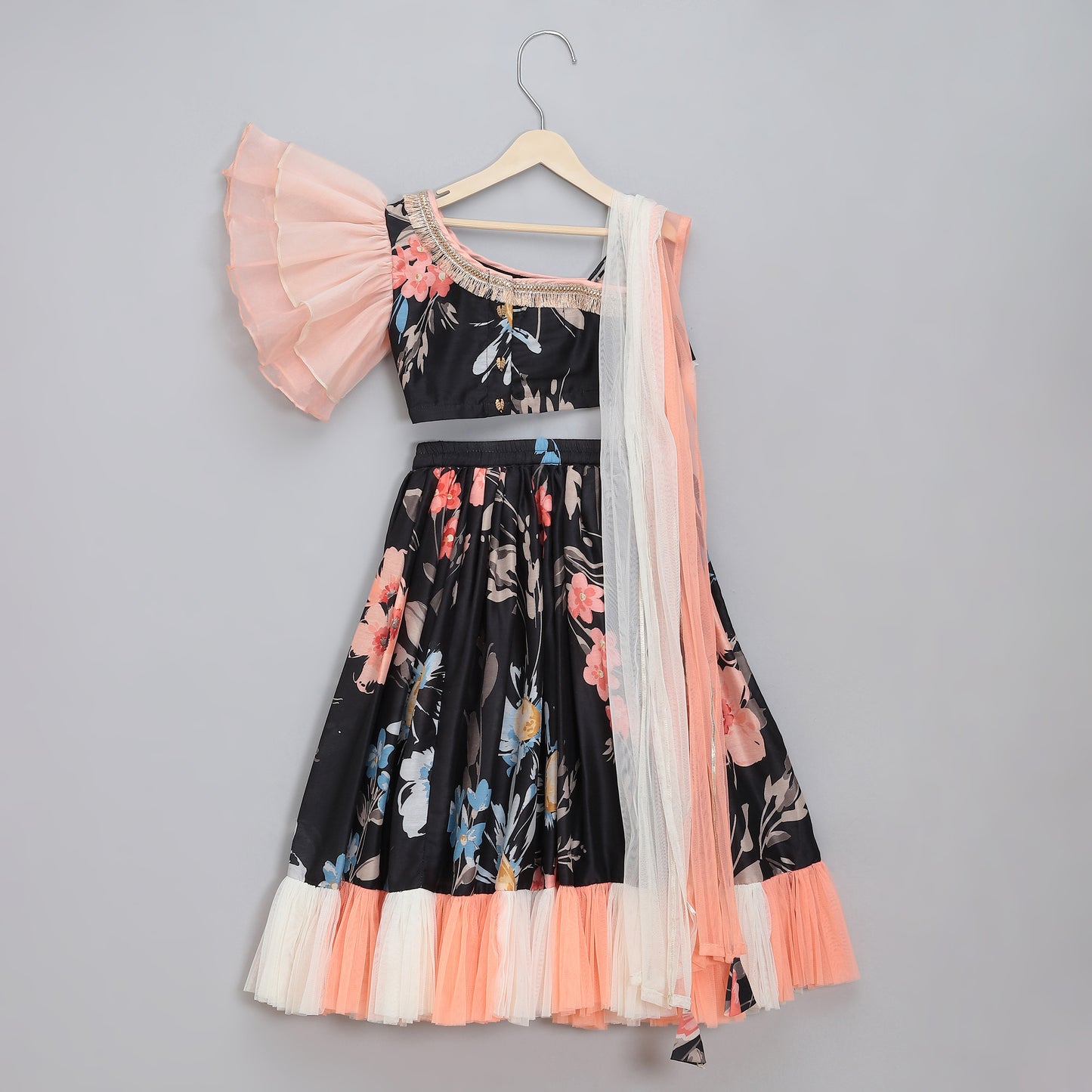Black Floral printed off shoulder lehnga set with attached dupatta