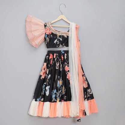 Black Floral printed off shoulder lehnga set with attached dupatta