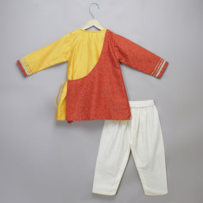Yellow and Coral printed angrakha style set