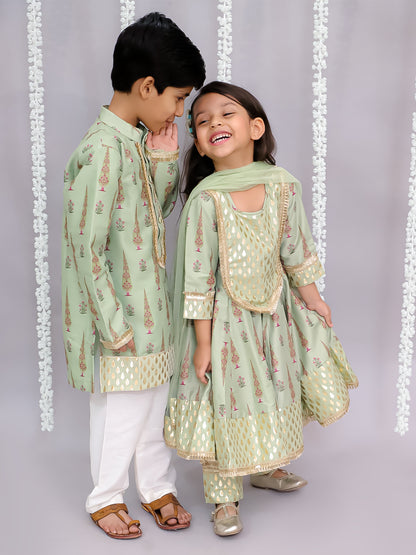 Mint green mughal print kurta set