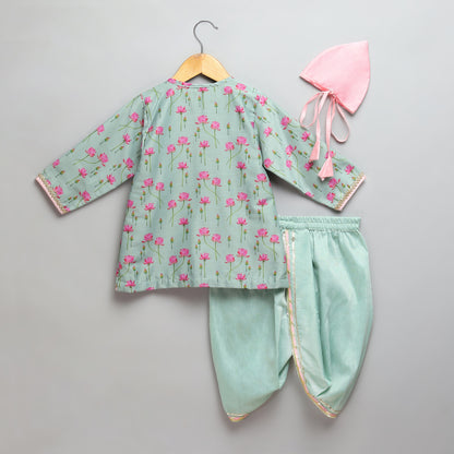 Mint Green lotus Print Kurta Dhoti set (Sale)