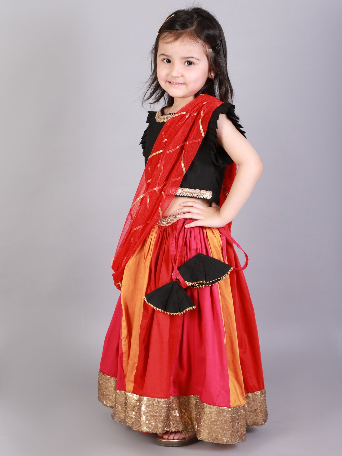 Black Ruffled blouse with multi color lehnga (Sale)