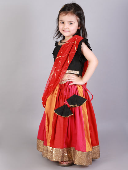 Black Ruffled blouse with multi color lehnga (Sale)