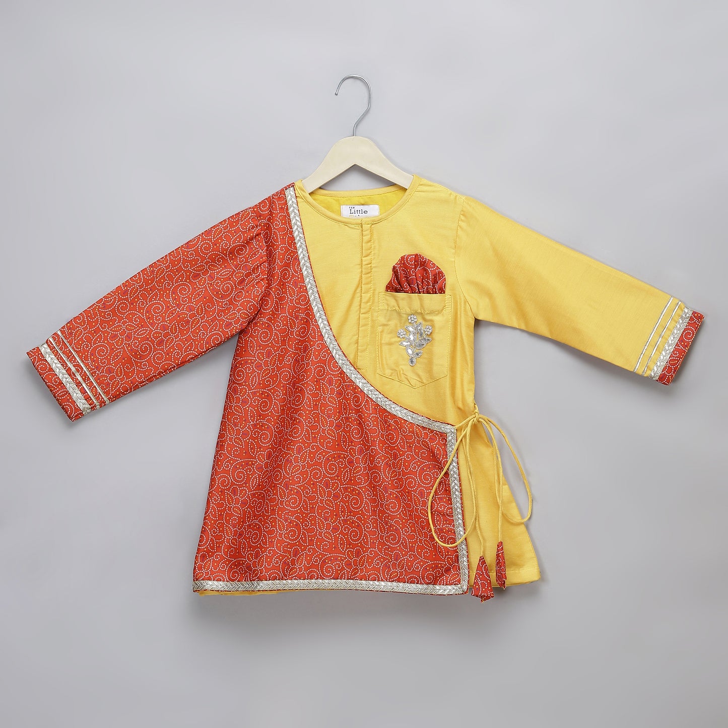 Yellow and Coral printed angrakha style set