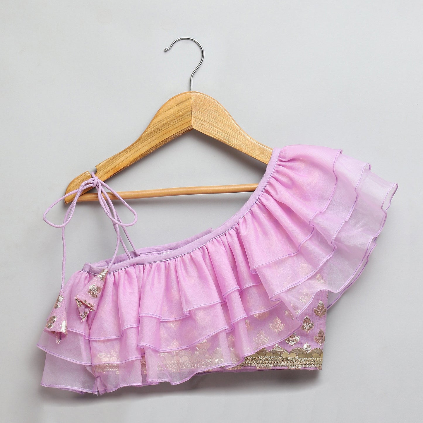 Lavendar Off shoulder organza frill chanderi lehnga set (Sale)