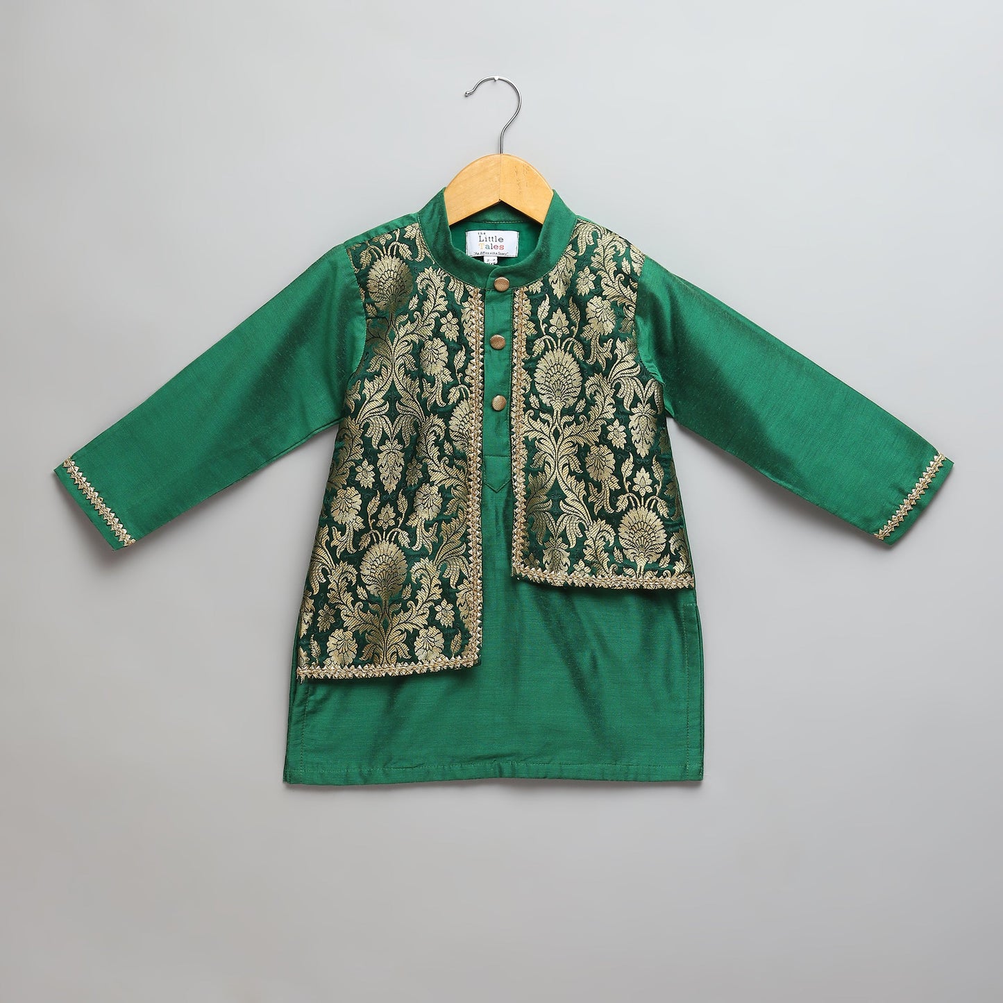 Green Kurta Pyjama with Attached Brocade jacket -1