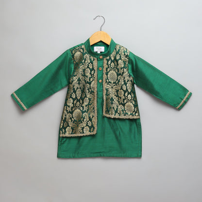 Green Kurta Pyjama with Attached Brocade jacket -1