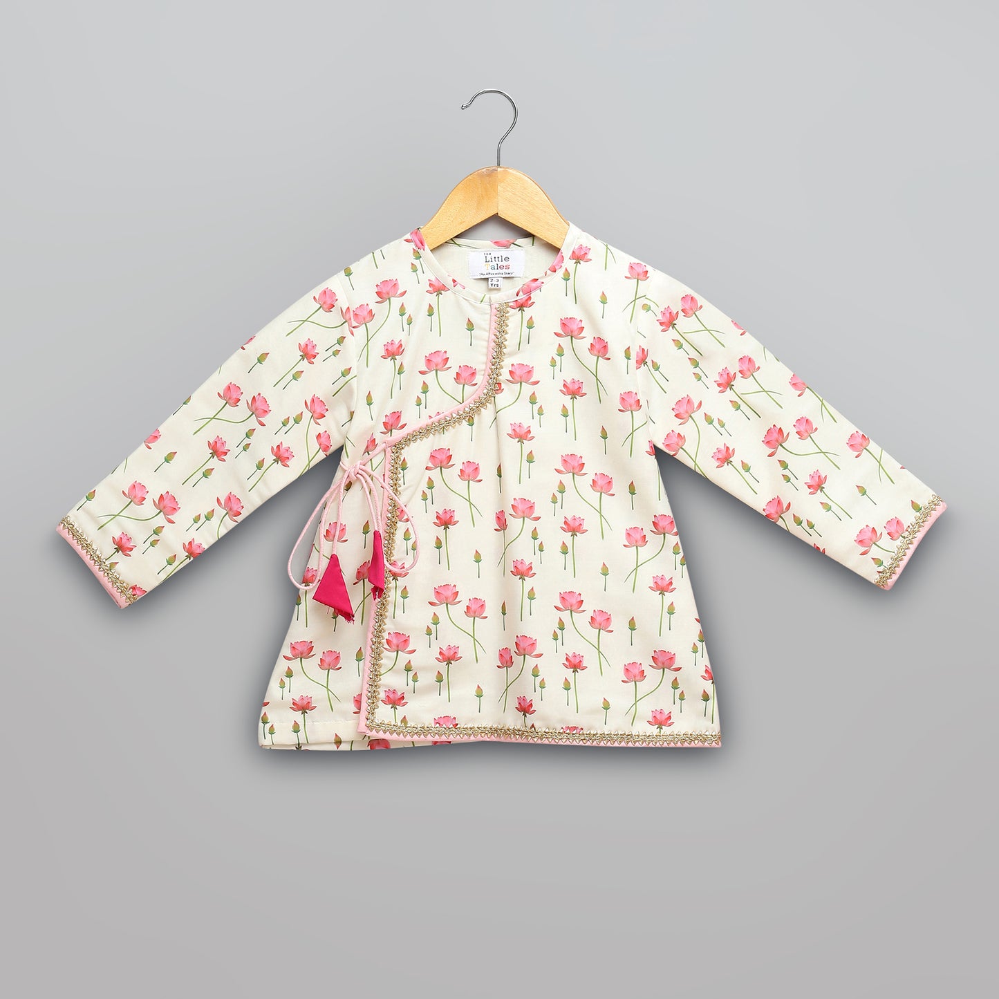 Off white / baby pink lotus Print Kurta Dhoti set