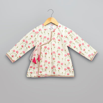 Off white / baby pink lotus Print Kurta Dhoti set