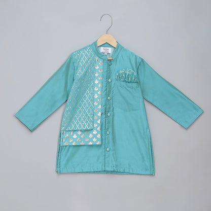 Blue Kurta Pyjama with Attached jacket
