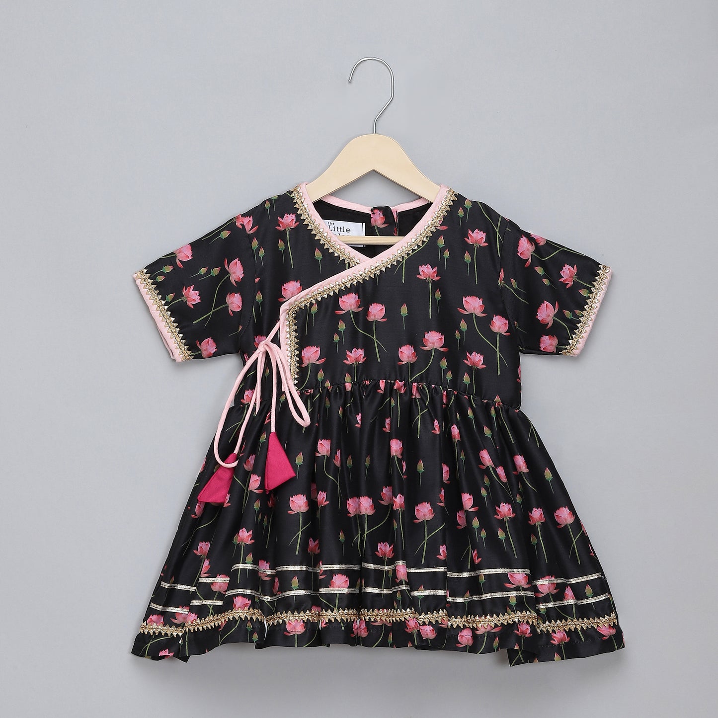 Black Pink Lotus print Angrakha dhoti set