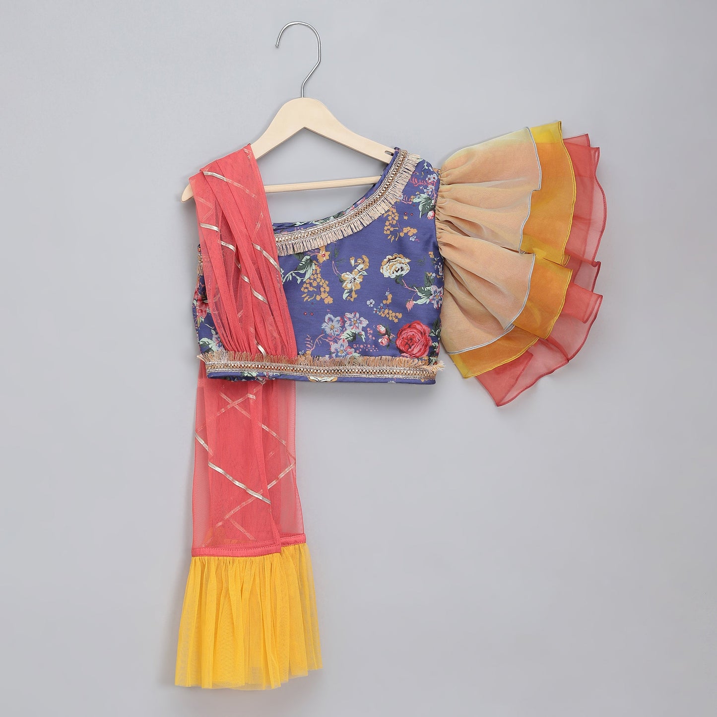 Purple Floral printed off shoulder lehnga set with attached dupatta (Sale)
