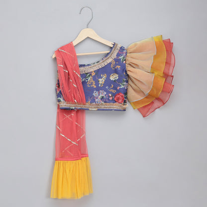 Purple Floral printed off shoulder lehnga set with attached dupatta (Sale)