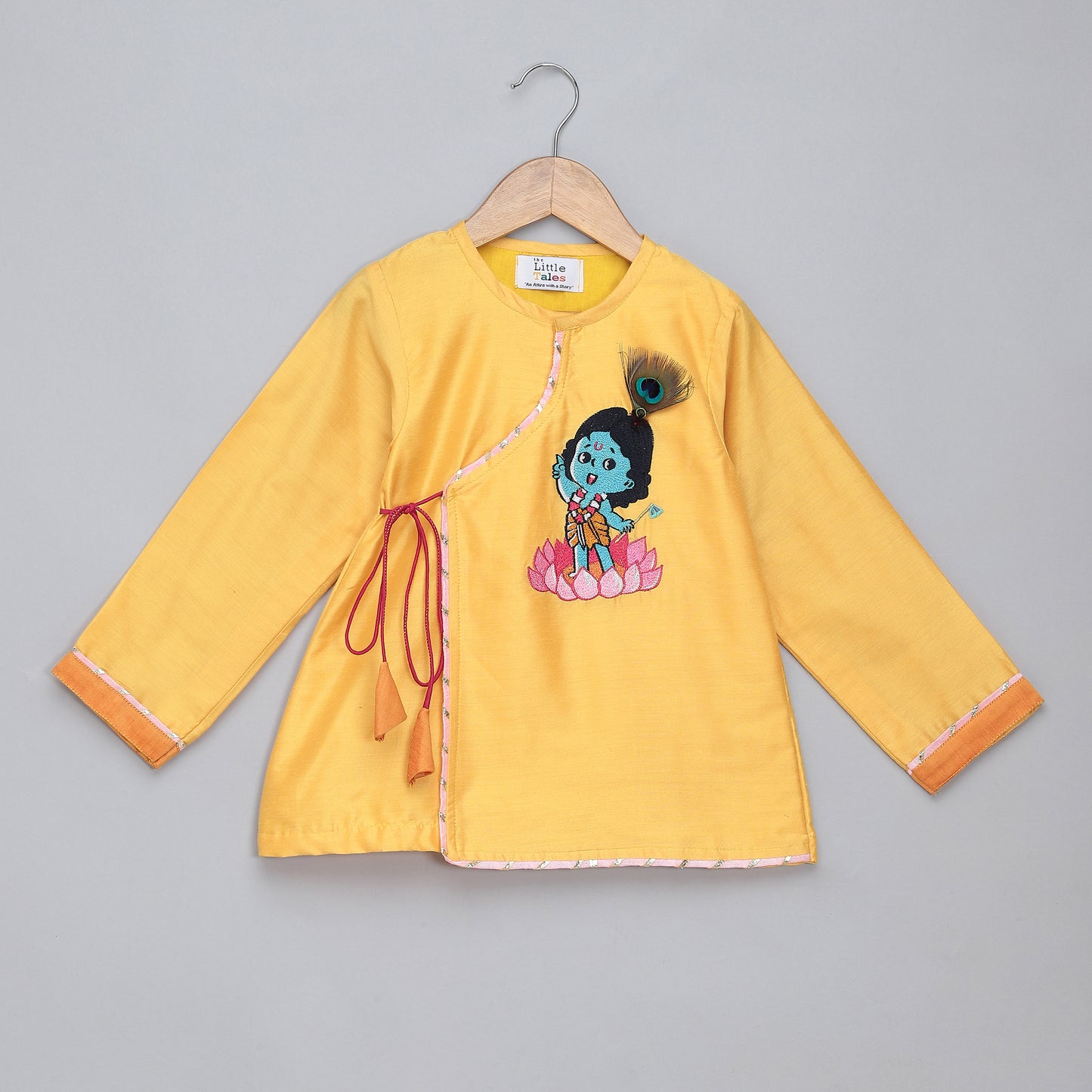 Yellow Krishna Embroidered Angrakha Kurta Dhoti  Set