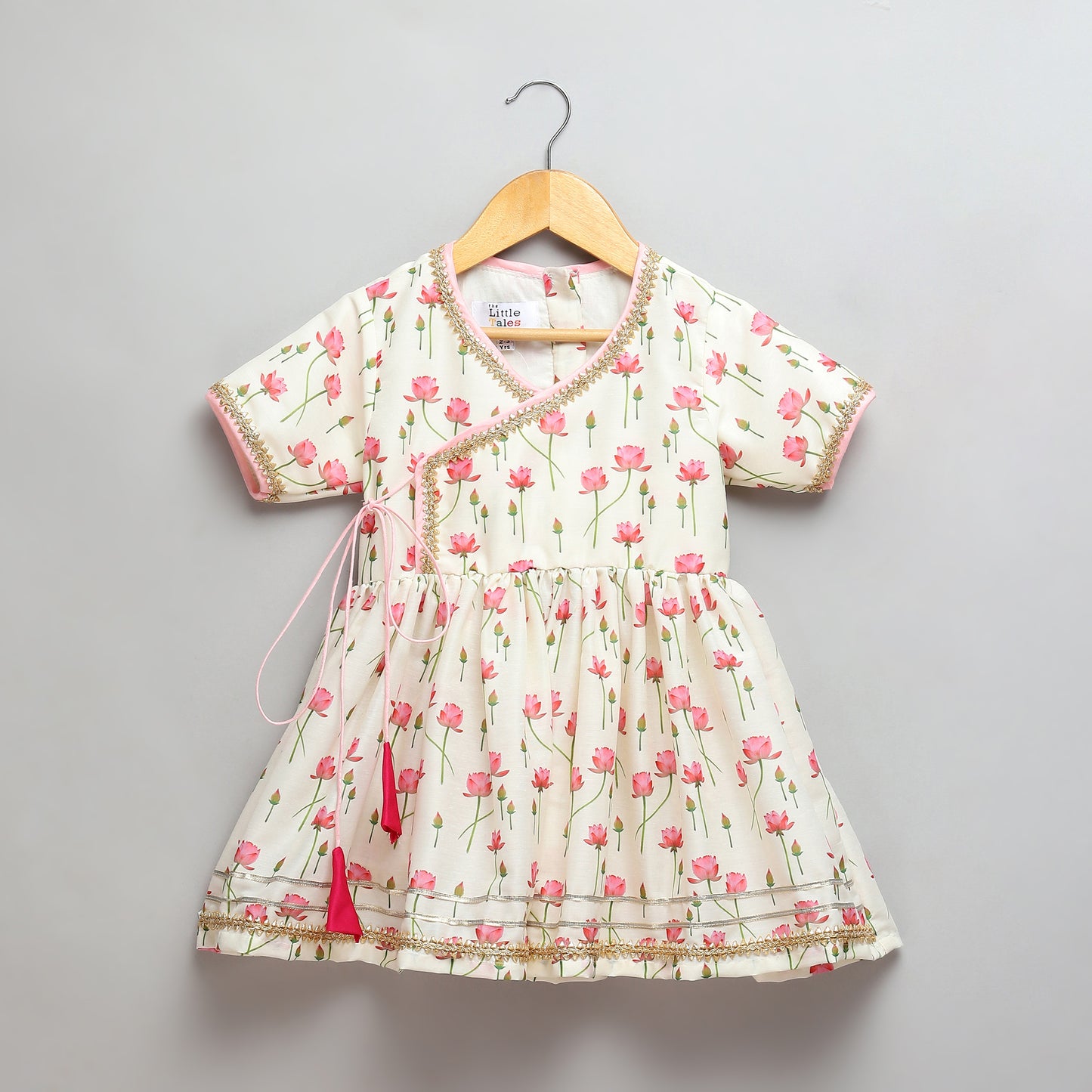 Offwhite Pink Lotus print Angrakha dhoti set