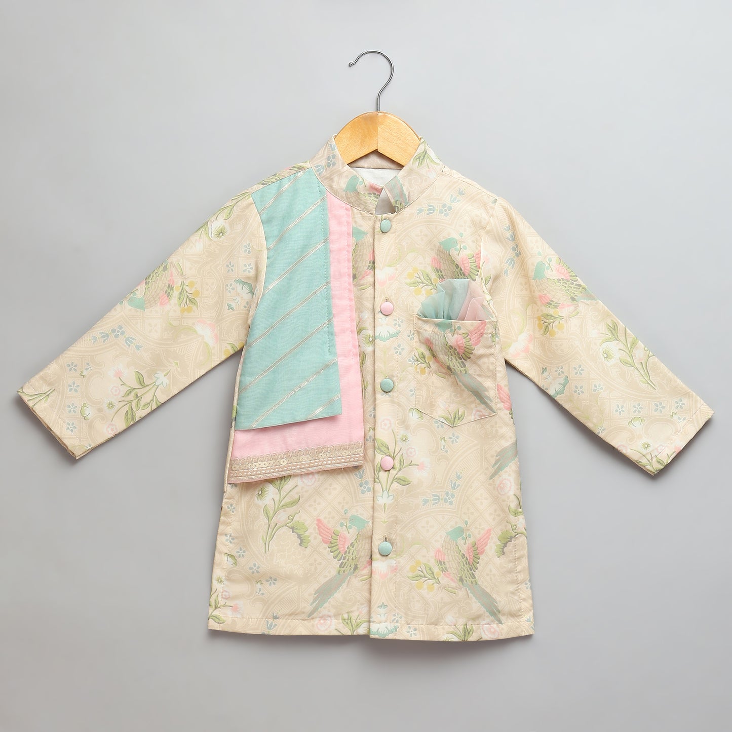 Parrot Printed Kurta Pyjama with Attached pastel jacket (Sale)