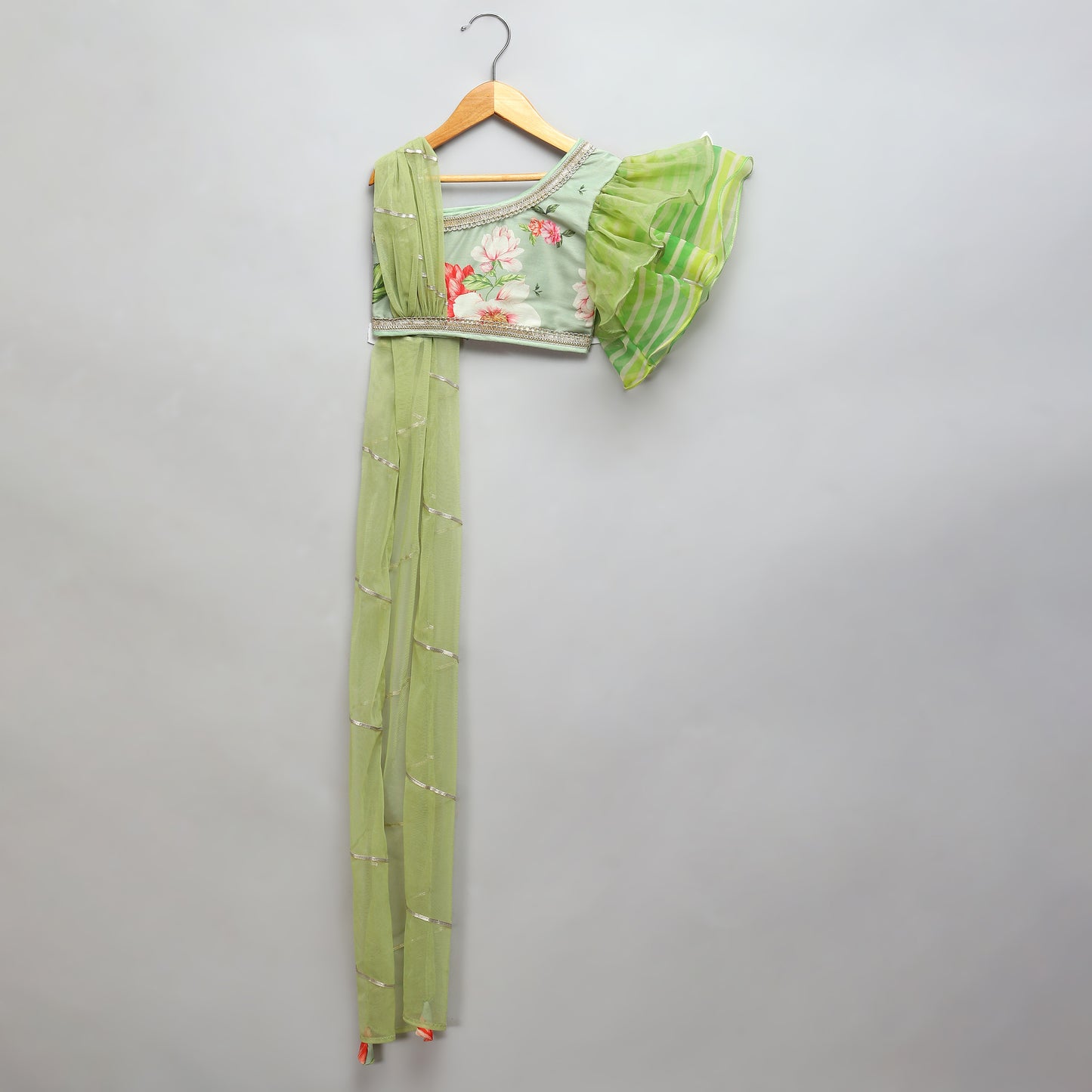 Floral printed off shoulder lehnga set with attached dupatta