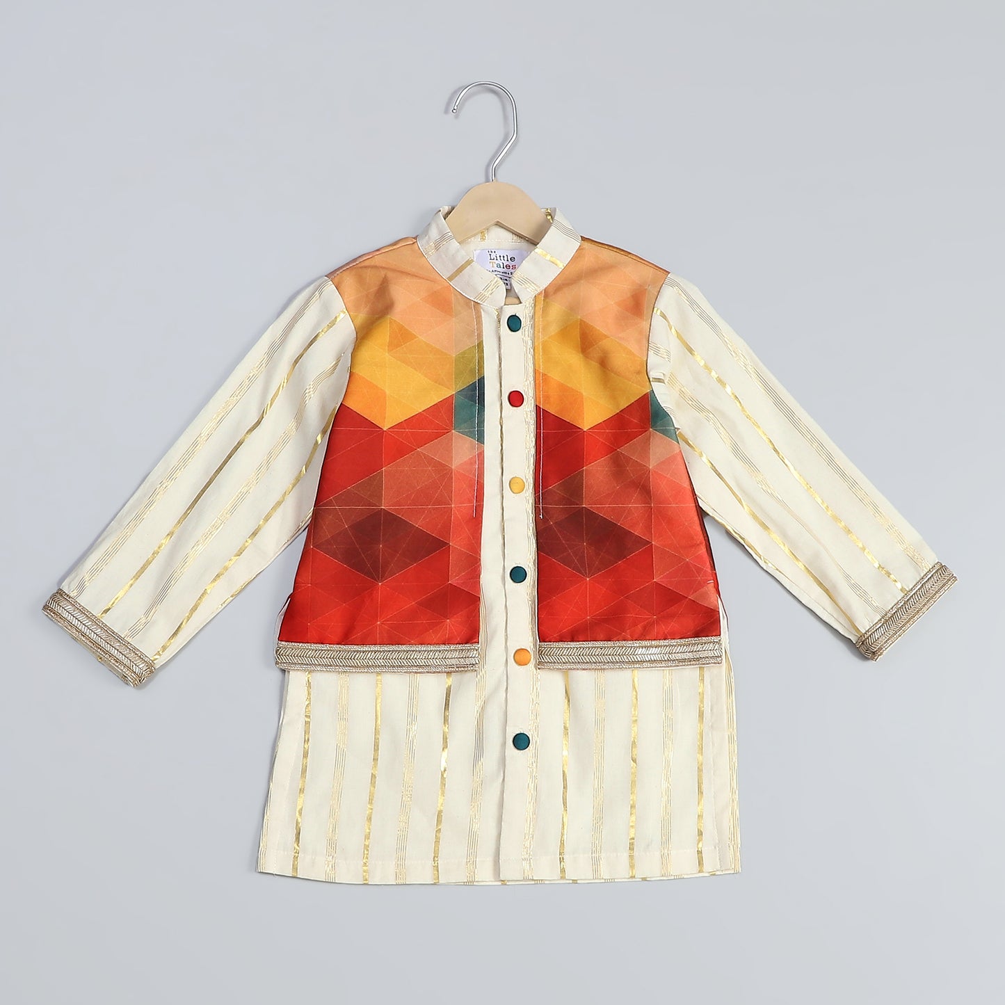 off white   kurta with multi colorAttached Jacket and Pyjama