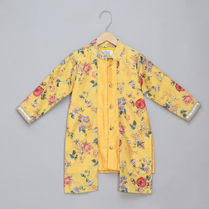 Yellow Kurta Pyjama with Attached printed jacket