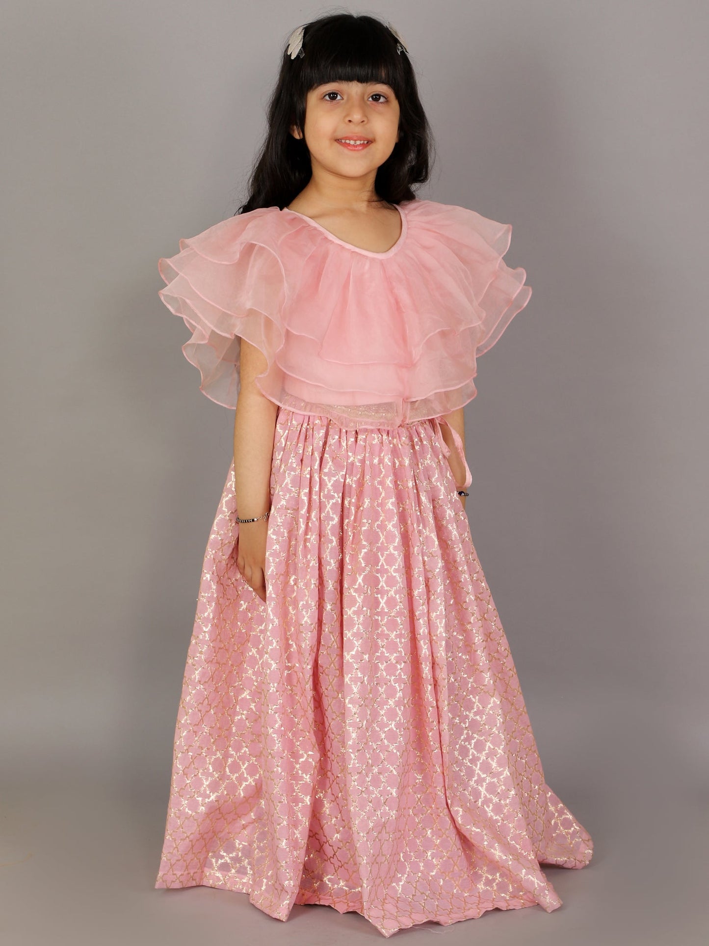 Light Pink Organza Ruffled blouse with Cotton Zari Lehnga (Sale)